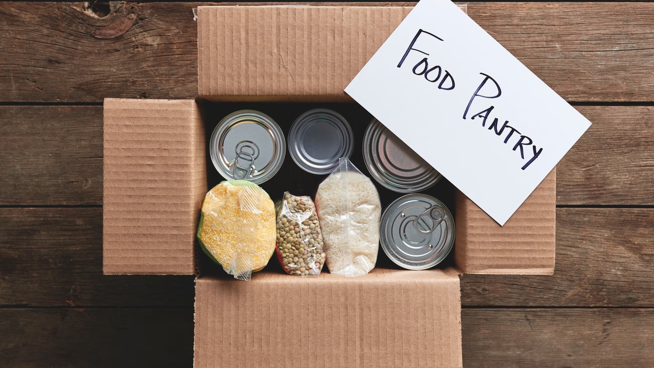 a box full of food items for a food pantry delivery.; Shutterstock ID 1716785986