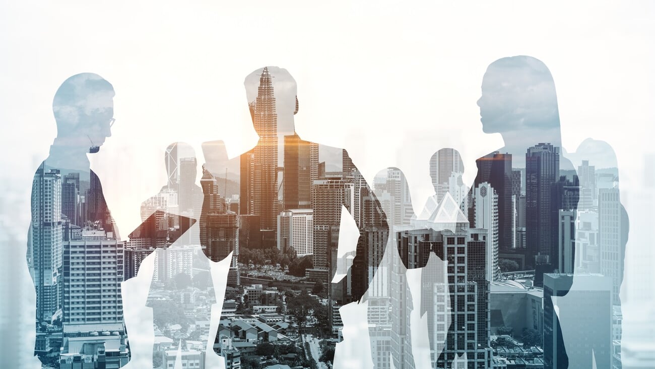 Creative city skyline with businesspeople silhouettes on light background. Teamwork, partnership and success concept. Toned image. Double exposure; Shutterstock ID 2405388539