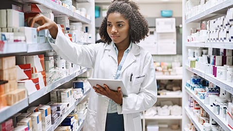 A female pharmacist in a stock room with medications on shelves.