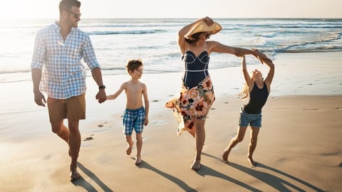 Happy family, playing and holding hands with children on beach sunset for summer holiday or bonding together in nature. Mother, father and kids with smile for stroll or outdoor weekend by sand shore; Shutterstock ID 2482093183