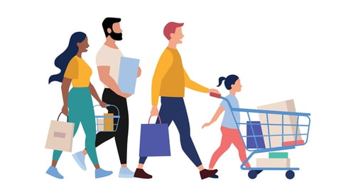 Flat vector illustration of group of people shopping isolated on white background; Shutterstock ID 2117999516