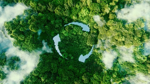 Abstract icon representing the ecological call to recycle and reuse in the form of a pond with a recycling symbol in the middle of a beautiful untouched jungle. 3d rendering.; Shutterstock ID 2042393249