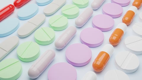 Generic pills array spread on background. all types of pills. 3D antibiotic capsules stacked; Shutterstock ID 2146029973