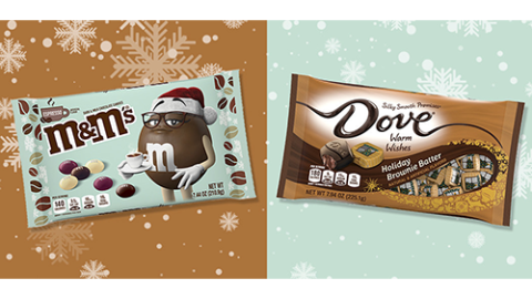 M&M’s Espresso Dark Chocolate Candies and Dove Promises Silky Smooth Holiday Brownie Batter.